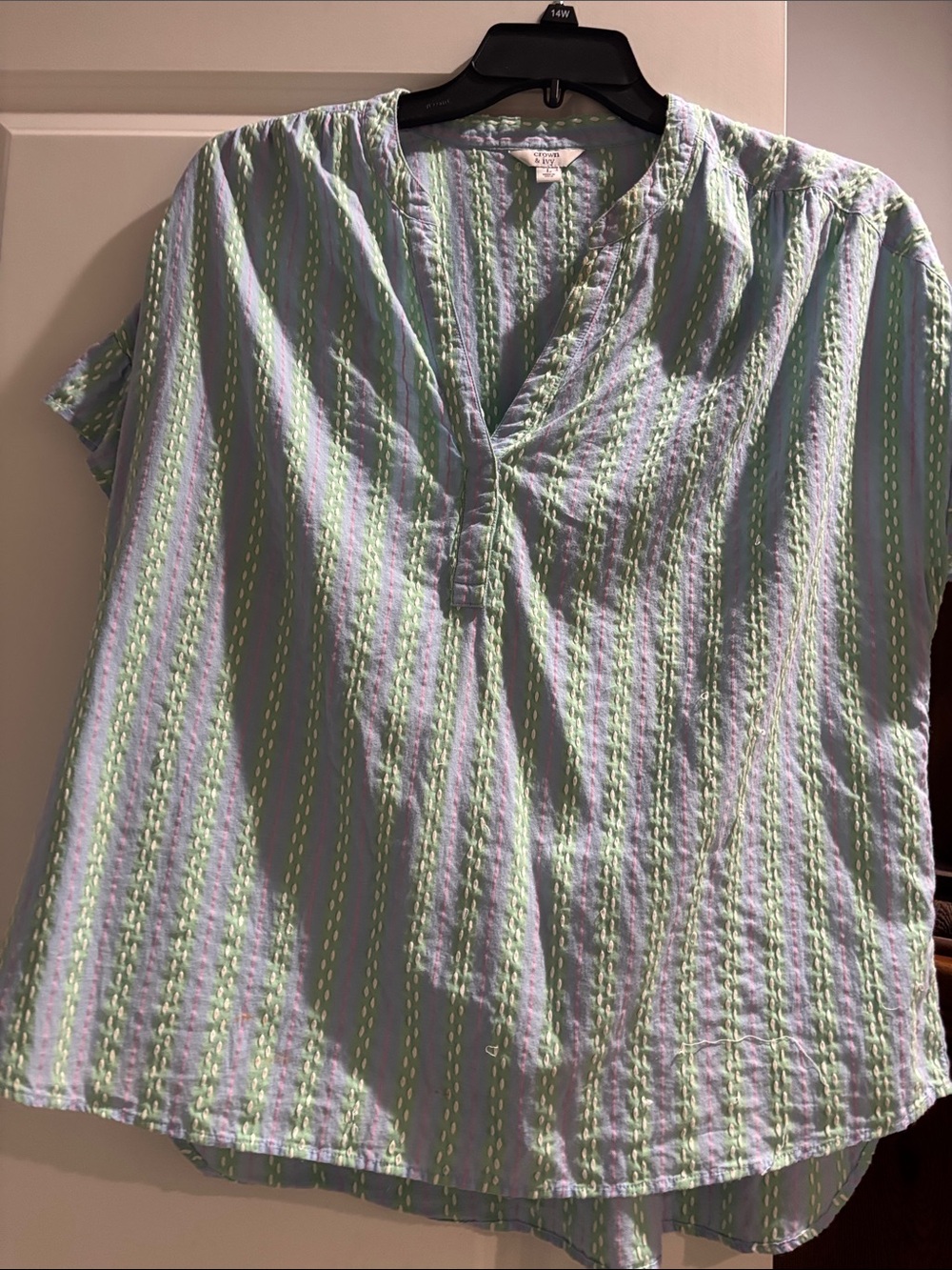 crown & ivy Mint Green and Light Blue Striped V-Neck Top